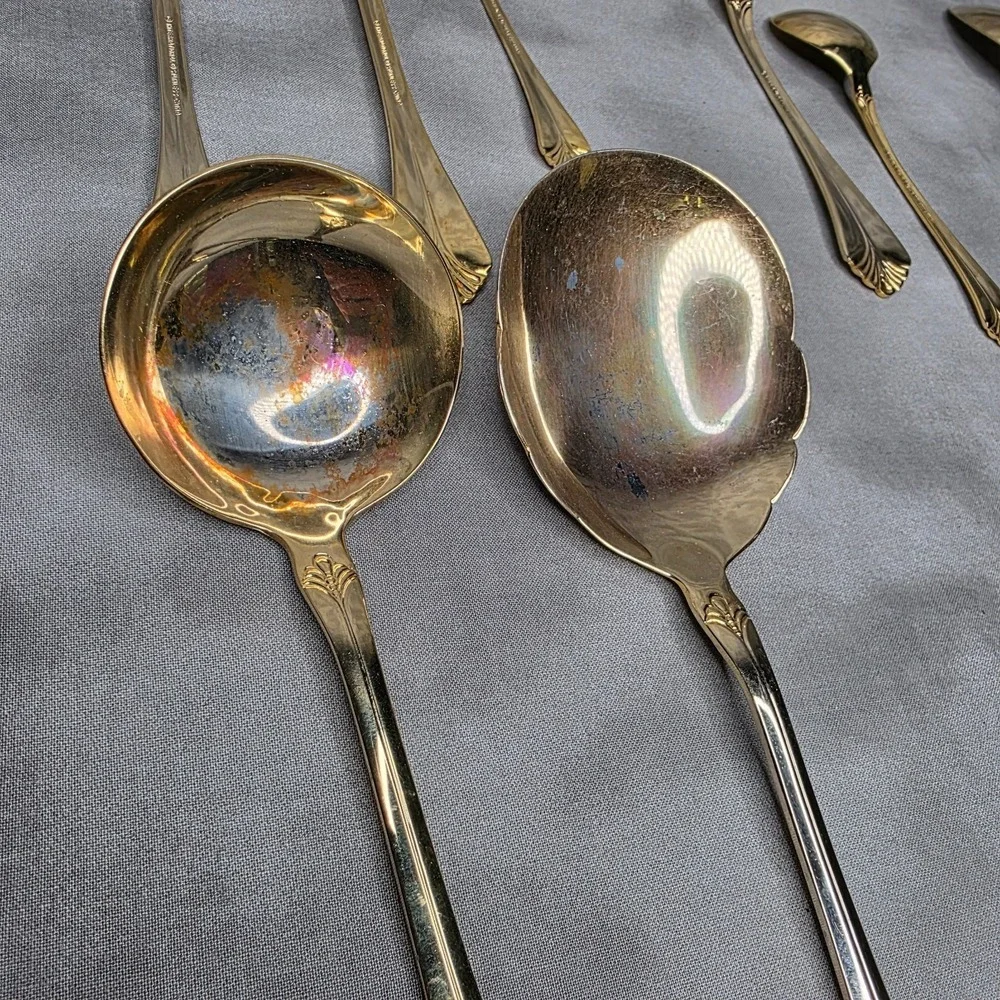 (X8) International Silver INS398 Gold Electroplate Varied Serving Flatware Vtg